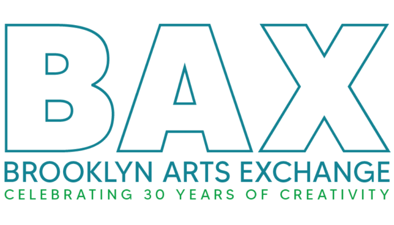 BAX logo and tag line in green and blue text. BAX Brooklyn Arts Exchange Celebrating 30 years of creativity.