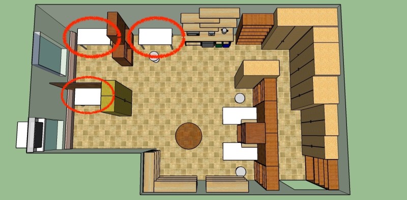 The image shows a top-down spec illustration of the offered office space, with three white desks on the left side