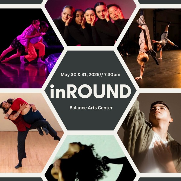 Images of six dance companies surrounding text notating show name, venue, and dates. 