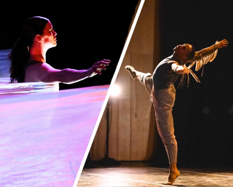 Two separate, dynamic Nimbus dance performance photos split by a diagonal white line down the middle. 