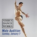 Image of male dancer w/ text "Male Audition, Sunday, January 7"