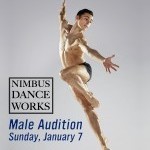 Image of male dancer w/ text "Male Audition, Sunday, January 7"