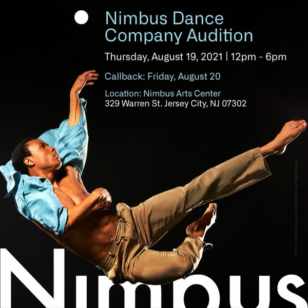 Male dancer in loose pedestrian clothing falls through space with black background and Nimbus logo