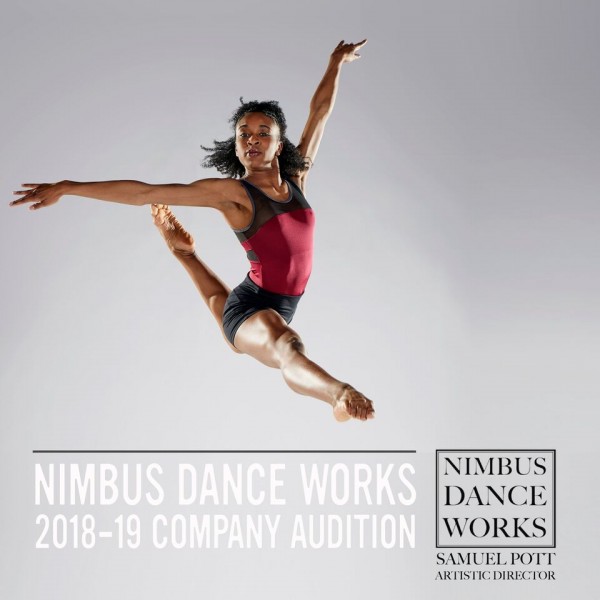 Female dancer leaping with text announcing audition