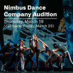 A central female dancer lifts her leg to the front, holding her extended foot in hand, supported by a chain of dancers.