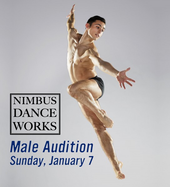 Image of male dancer w/ text "Male Audition, Sunday, January 7"