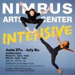 2 teen dancers dressed in tight fitting black clothing. A white masc dancer jumps, hunched over with toes tucked up underneath. 