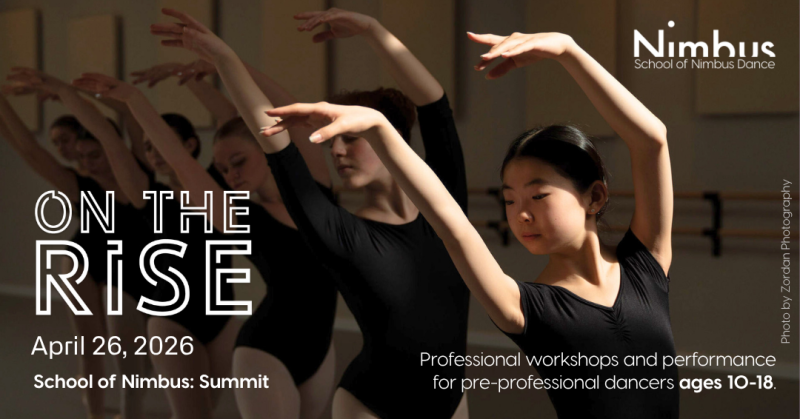 Young ballet dancers in black leotards behind the On the Rise logo, April 26th, School of Nimbus: Summit, all in white