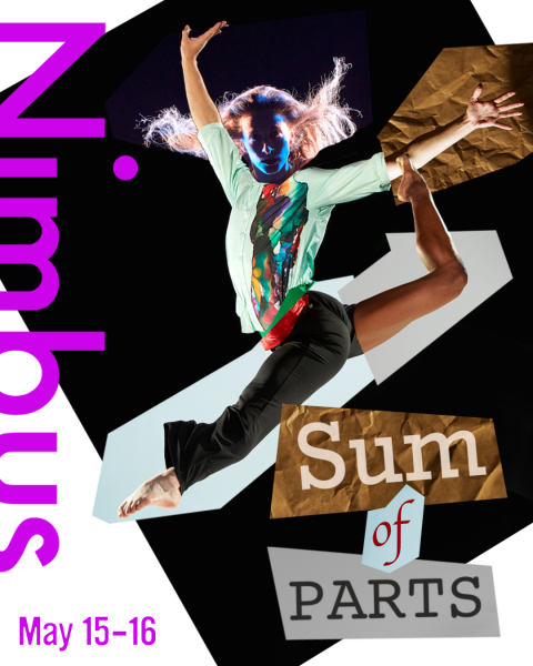 &ldquo;Sum of Parts&rdquo; and &ldquo;May 15&ndash;16.&rdquo; Graphic features dancer suspended mid-air in a dynamic leap, over abstract black, white, and pap