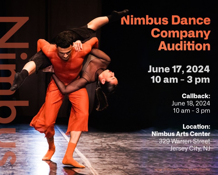 Male dancer in orange carries upside down female dancer in black with legs in split.