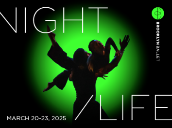 Black background with a neon green circle. One male identifying male dancers lifts a female identifying dancer. 
