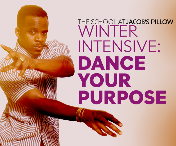 Photo of Maleek Washington with text that reads "The School at Jacob's Pillow Winter Intensive: Dance Your Purpose."