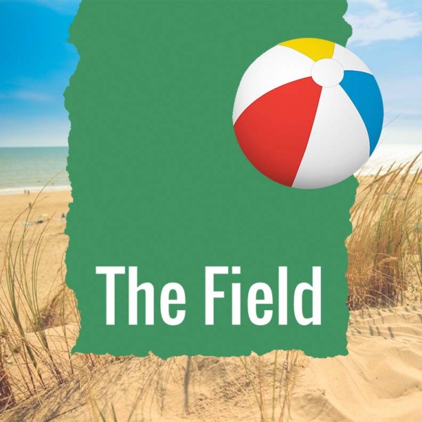 The Field's green logo with a beach background and a floating beach ball.