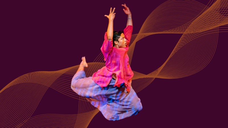 A dancer in a flowing pink and purple outfit leaps gracefully against a deep purple background with swirling orange lines.