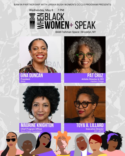 Grey textured graphic with black and white text sharing event info, there are 4 headshots of the panelists in the middle.