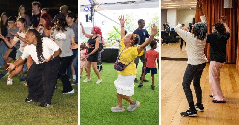 A collage of three photographs showcases diverse groups of people joyfully participating in dance workshops.