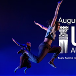Image of four dancers mid jump against a blue gradient backdrop, with white text about the Urban Bush Women Auditions.