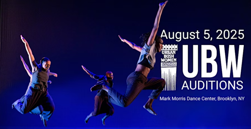 Image of four dancers mid jump against a blue gradient backdrop, with white text about the Urban Bush Women Auditions.
