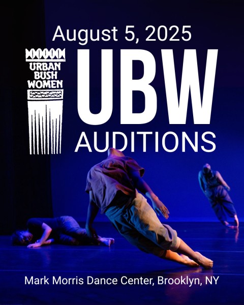Graphic with bold white text "UBW Auditions – August 5" at Mark Morris Dance Center, UBW logo and dancers on a blue-lit stage.