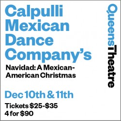 Text that reads Calpulli Mexican Dance Company's Navidad: A Mexican-American Christmas in blue and black lettering
