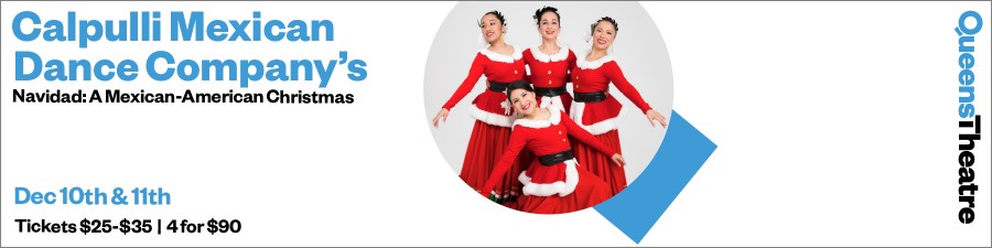 Four dancers wear red and white dresses and pose with extended arms