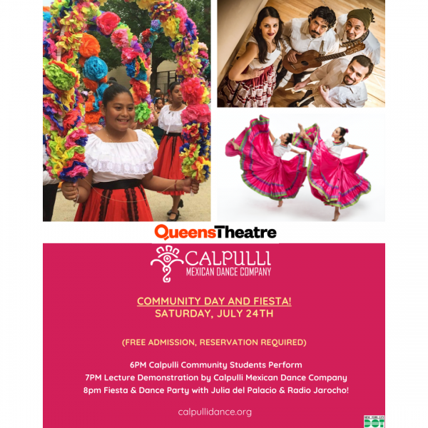 community student dancing, Calpulli dancers performing in pink Mexican dress, and band members of Radio Jarocho