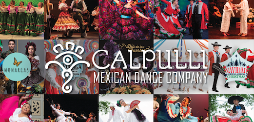 patchwork of colorful dance images with the Calpulli Mexican Dance Company at center in white