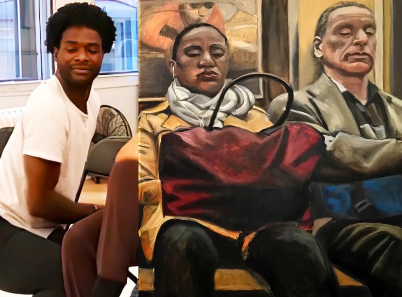 a dancer interspersed with a painting of sleepy subway riders