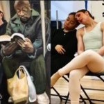 2 "sleeping" sitting dancers interspersed on a subway painting with a man reading.