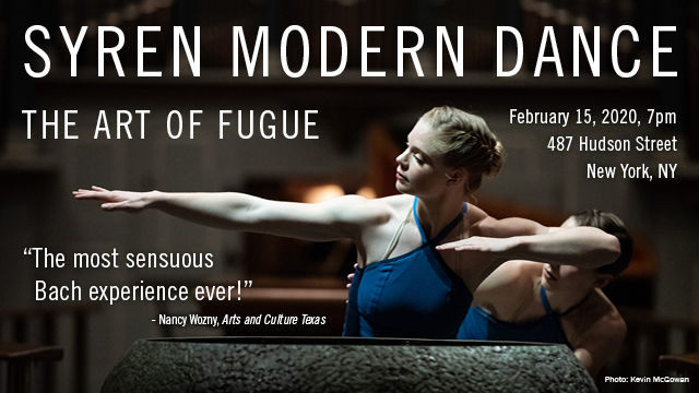 Two female dancers, one with arm stretched out, softly lit over a stone water fountain