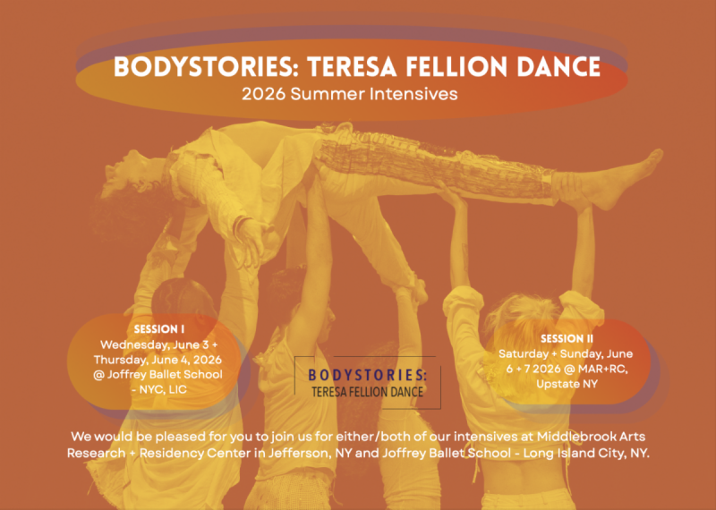 4 dancers lifting up another dancer with title BodyStories: Teresa Fellion Dance Summer Intensives