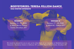 A dancer is posed on the left, two dancers in an embrace on the right with the title BodyStories: Teresa Fellion Dance 2026 Wint