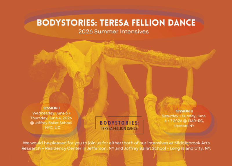 4 dancers lifitng another dancer with the text BodyStories: Teresa Fellion Dance 2026 Summer Intensives 