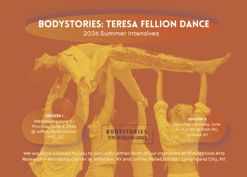 4 dancers lifting up another dancer with title BodyStories: Teresa Fellion Dance Summer Intensives