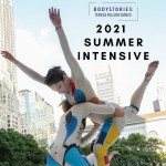 A dancer lifting another dancer on their shoulder with text displaying BodyStories: Teresa Fellion Dance 2021 Summer Intensive