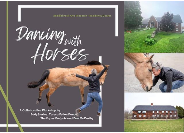 A collage of JoAnna Mendl Shaw with a horse and Middlebrook Arts Research + Residency Center