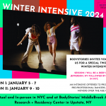 A flyer for the BodyStories Winter Intensive with dates for two sessions - Session 1: 5-7 and Session 2: 9-10