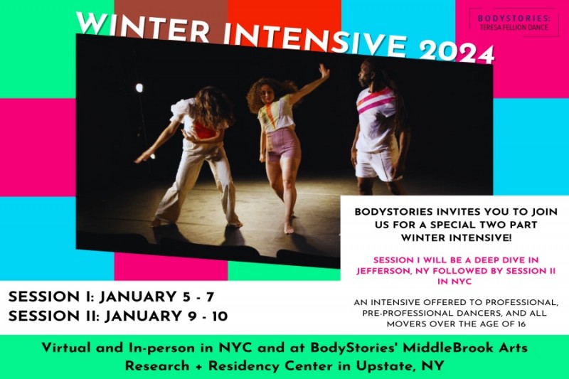A flyer for the BodyStories Winter Intensive with dates for two sessions - Session 1 5-7 and Session 2 9-10
