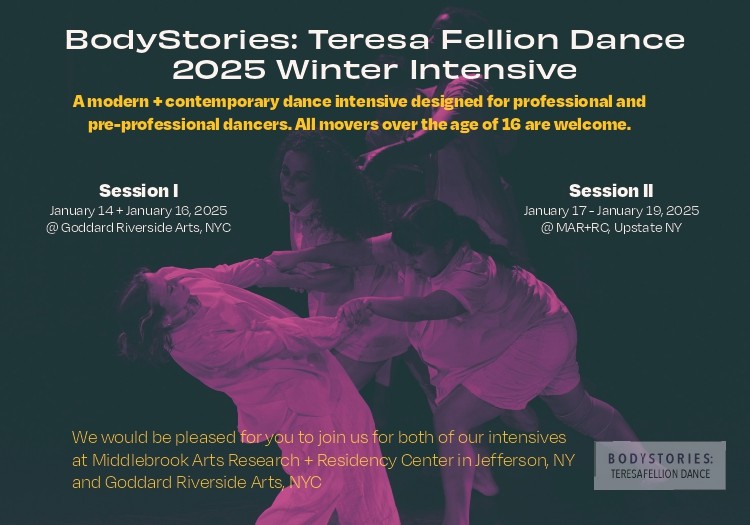 A BodyStories: Teresa Fellion Dance postcard with details about the winter intensive