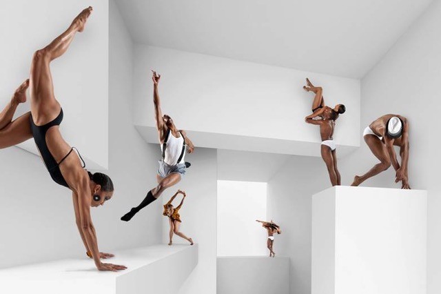 dancers in a photography studio on white cubes