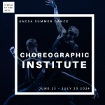 Two dancers gesturing their arms with a black background and white box and text overlay reads Choreographic Institute