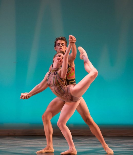 Two contemporary dancers onstage