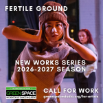 Dancer poses energetically in a knit cap. Text reads “Fertile Ground: New Works