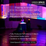 Outline of a dancer sitting on a stage, looking at a bright pink and blue projection on the wall. Text explains the above