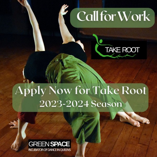 Two dancers in bridges in a weight share, with above text overlaid