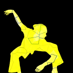 Silhouette of a dancer in a forced arch second position, looking to their left.