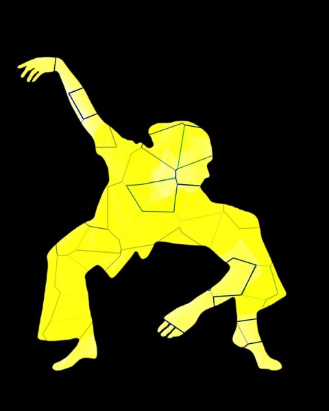 Silhouette of a dancer in a forced arch second position, looking to their left.