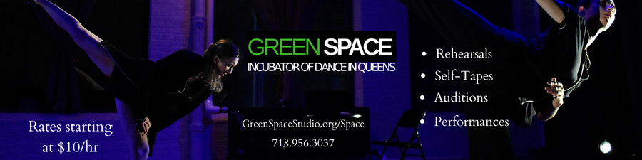 Blue studio with 2 dancers in arabesque, details about Green Space Studio Rentals