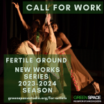 Dancers onstage lunge to the side, some reaching upwards. Green and white text over the photo describes the above information