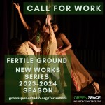 Dancers onstage lunge to the side, some reaching upwards. Green and white text over the photo describes the above information